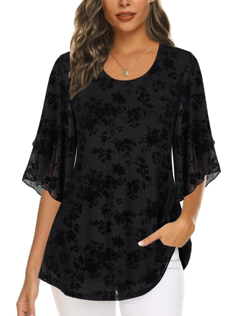Chic 3/4 Sleeve Blouse - Dressy Casual Mesh Tunic Top for Women